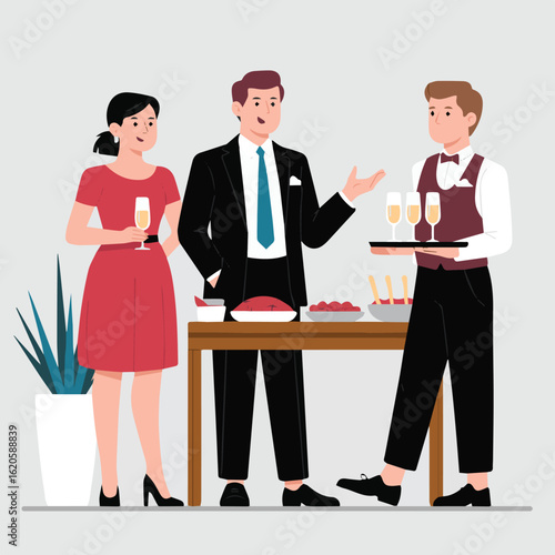 Illustration of a woman in a red dress and a man in a suit attending a catered event with a waiter present