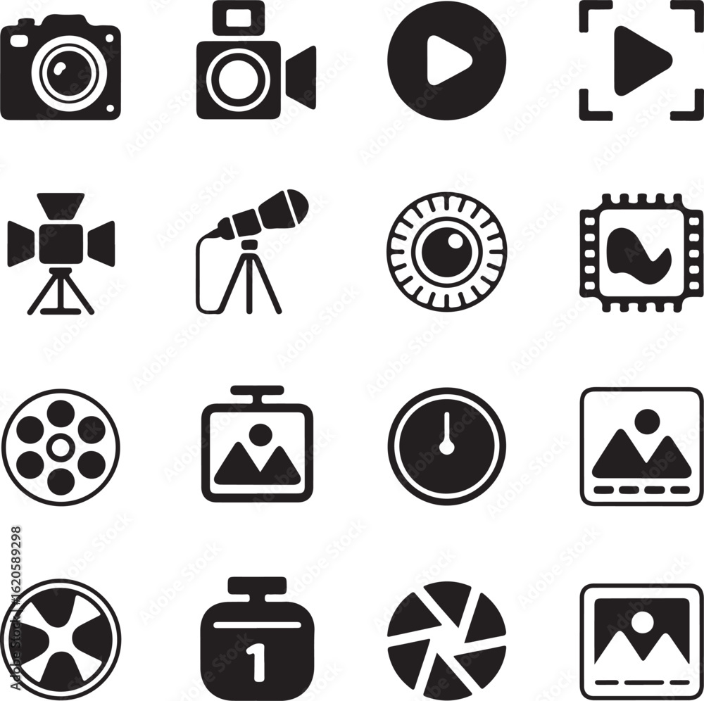 Fototapeta premium Photo and Video Capture Silhouette Icons — Camera, Play Button, Microphone, Lightbox, and Frame Symbols