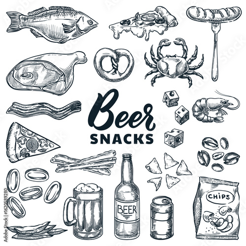 Craft beer and snacks. Vector hand drawn sketch illustration. Design elements for brewing pub menu, Oktoberfest, bar