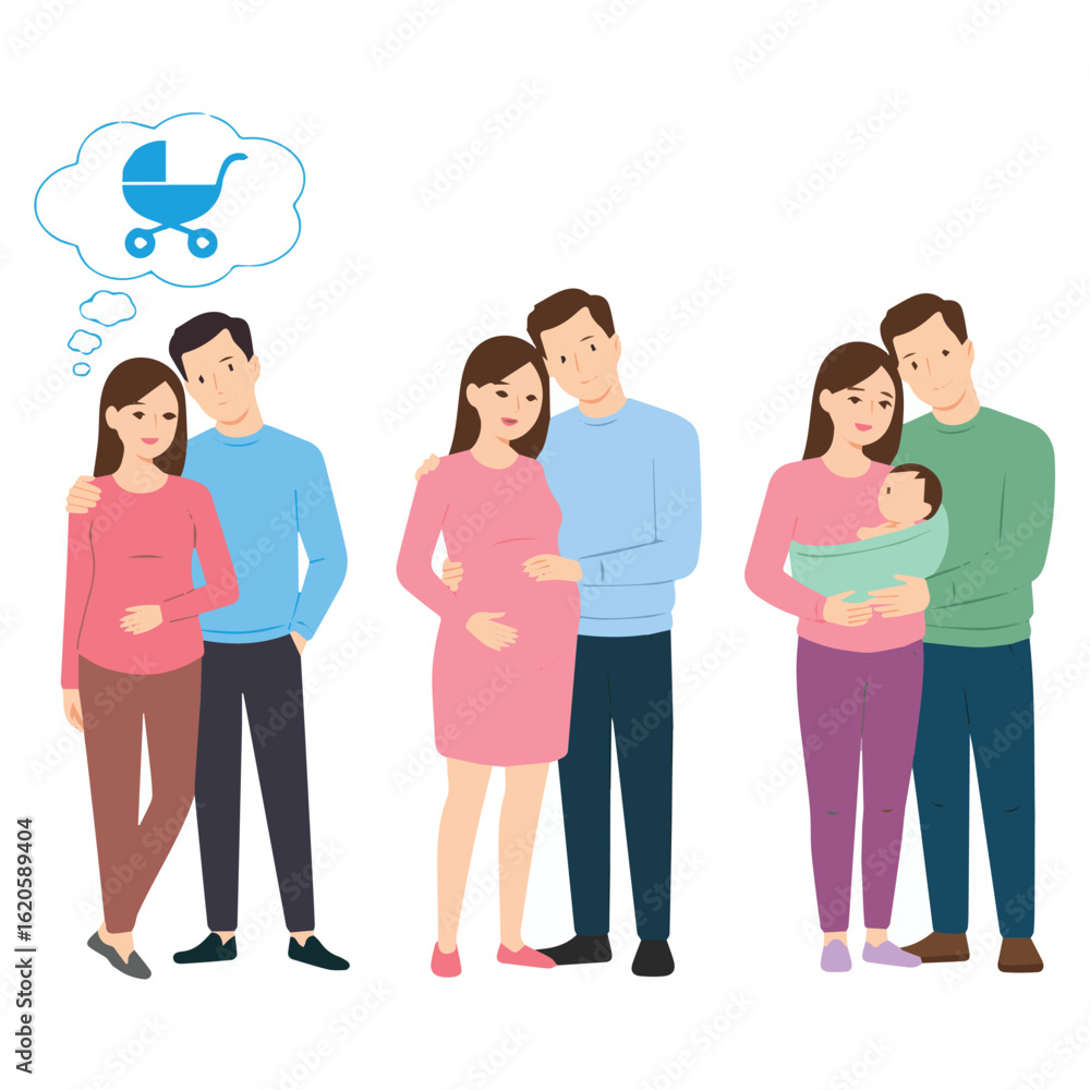 Obraz premium Illustration of a couple through different stages of pregnancy and parenthood with a baby carriage dream