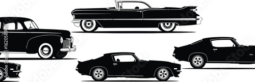 Collection of classic cars isolated on white background
