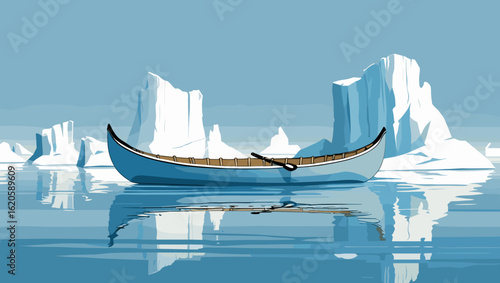 Serene illustration of a canoe floating on calm waters surrounded by icebergs in a minimalist arctic landscape