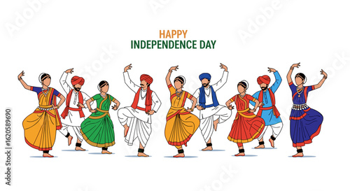 Happy Independence Day India: Vibrant illustration of people in traditional clothing performing a folk dance, celebrating India's freedom and cultural heritage with joy and energy.