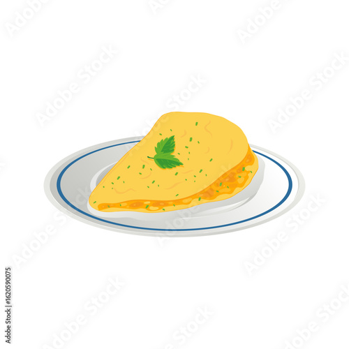 A delicious omelette with parsley and chives on a white plate with blue trim