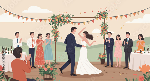Newlywed Couple Dancing at Outdoor Wedding Reception.