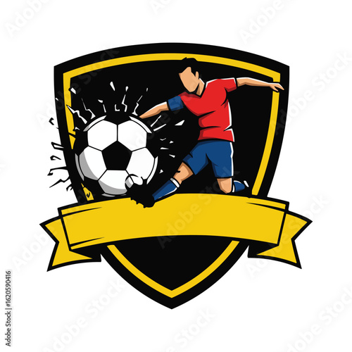 Soccer Player Kicking Ball with Shield and Banner