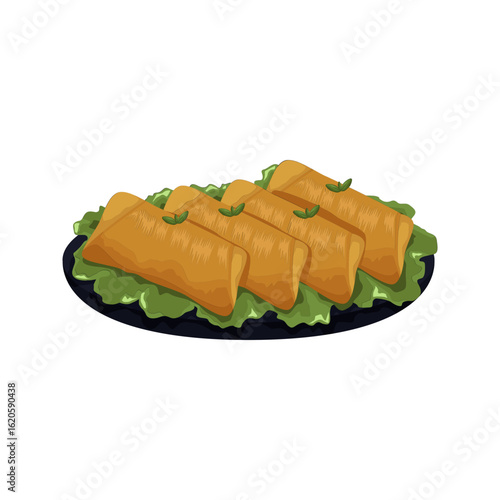 Four golden brown spring rolls served on a bed of fresh green lettuce on a dark plate