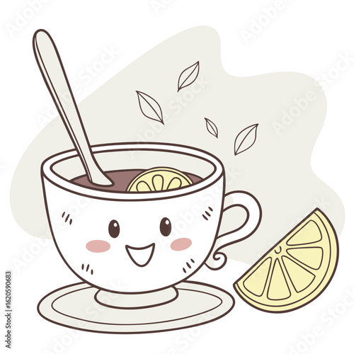 Cute cartoon cup of tea with lemon and spoon isolated on white background