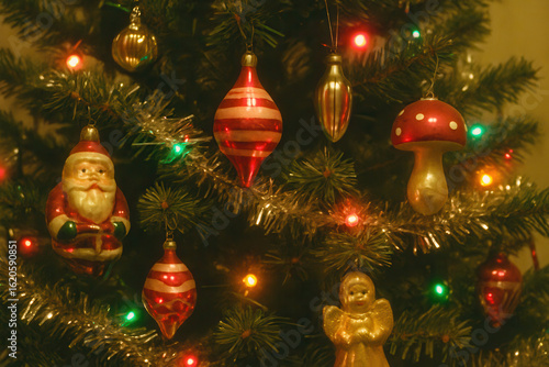 retro vintage photo of Festive christmas tree with vintage ornaments and warm holiday lights. vintage nostalgia Christmas background 1980 1990