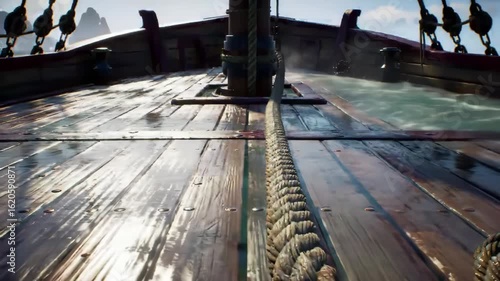 Wave Splashing Over the Deck of an Old Wooden Ship