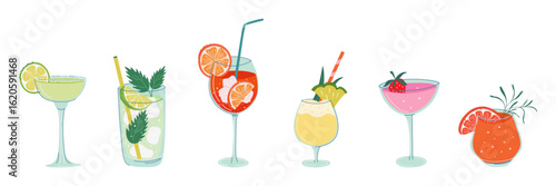Popular Summer cocktails. Set of tropical alcohol drinks. Drinking glasses decorated with straws, fruits and herbs. Refreshing lemonades collection. Vector illustration.