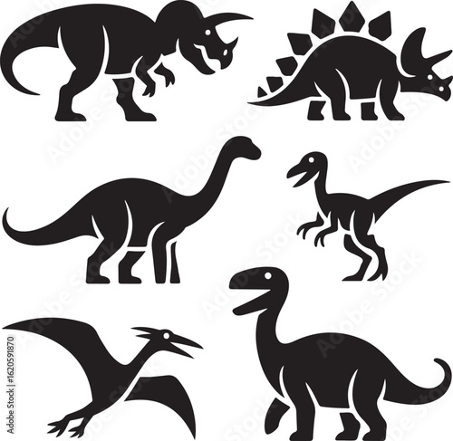 Prehistoric Dinosaurs Silhouette Icon Set – T-Rex, Triceratops, Stegosaurus, Brachiosaurus, Velociraptor, Pterodactyl, and Ankylosaurus