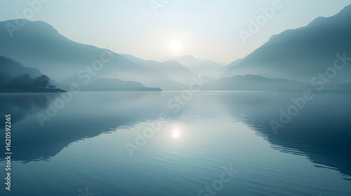Still Lake with Faint Sunrise Reflection white isolated background : Batch, in high resolution clean minimal style stock photo illustration background image ideal for templates advertisements and weba