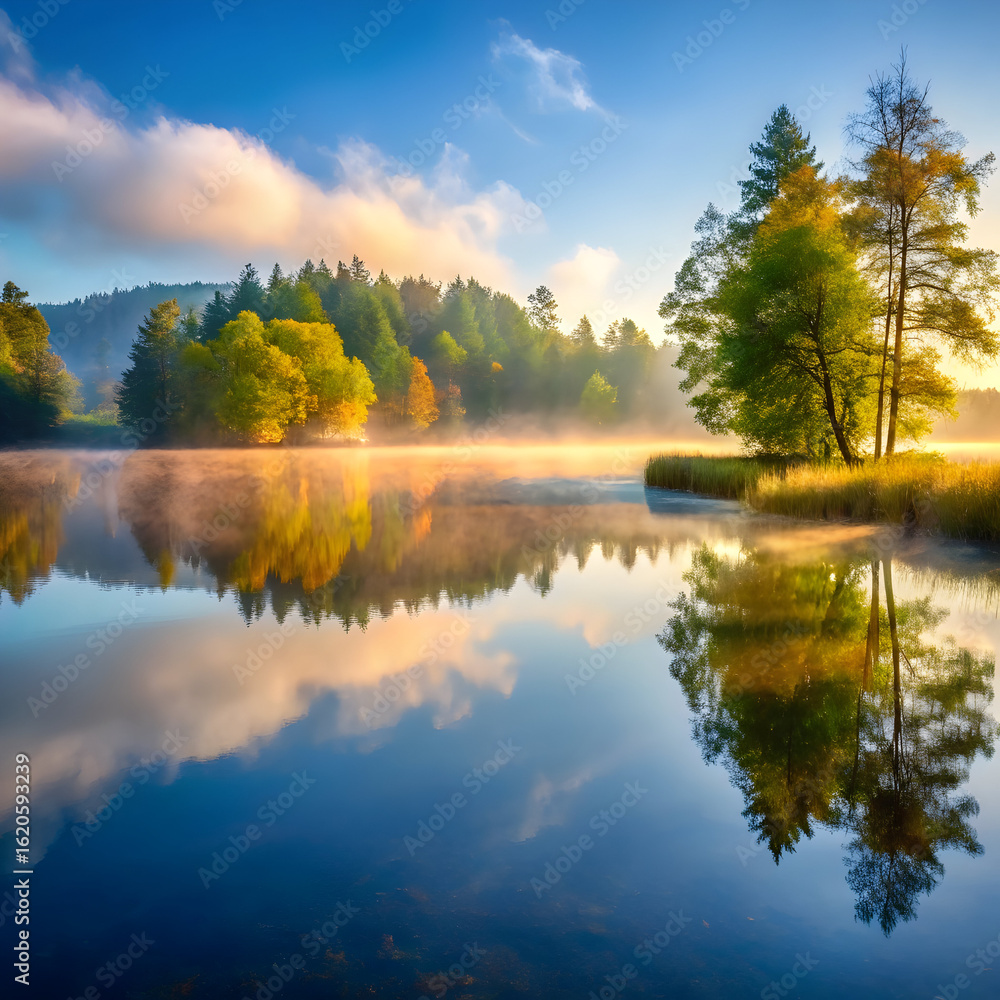 Fototapeta premium Golden sunrise mist over tranquil lake trees forest