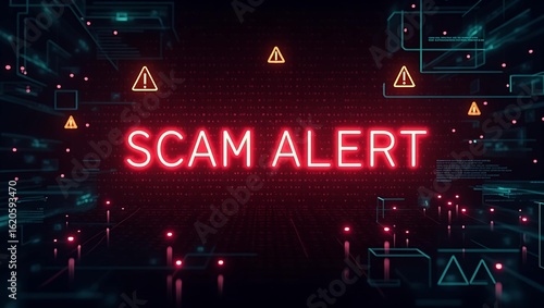 A digital representation of a 'Scam Alert' message with glowing red text in a dark, high-tech environment.