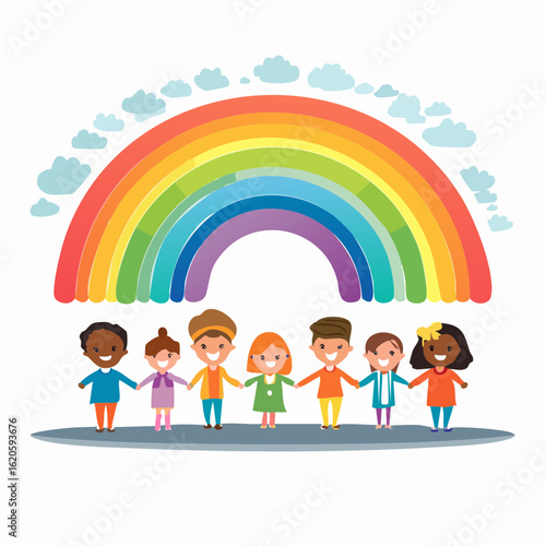 Kinderschutz-Logo mit Kindern unterschiedlicher Ethnien unter Regenbogen – einfache Vektorillustration