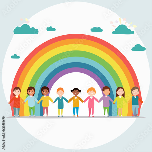 Kinderschutz-Logo mit Kindern unterschiedlicher Ethnien unter Regenbogen – einfache Vektorillustration