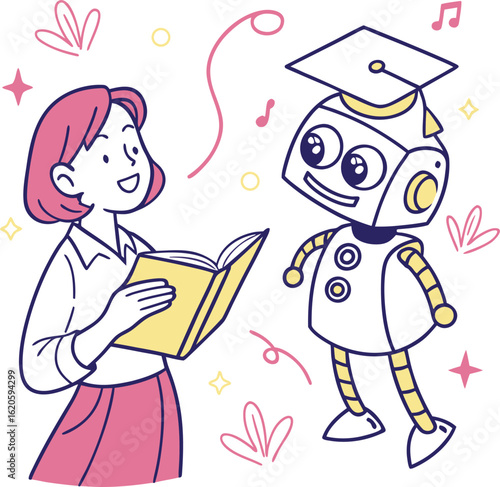 AI technology in education. Robot assist teacher by lesson. Character use artificial intelligence generative tools for learning, teaching, exam preparation, educational program. Vector illustration.