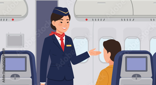 Smiling Flight Attendant Welcoming Passenger on Airplane.