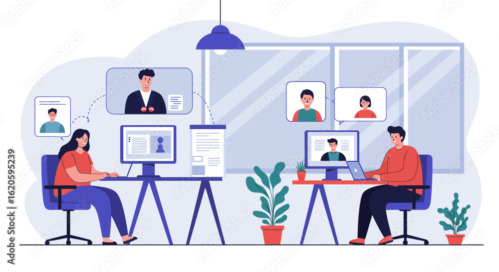 Fototapeta premium People Engaging in Video Conference Meeting Illustration.