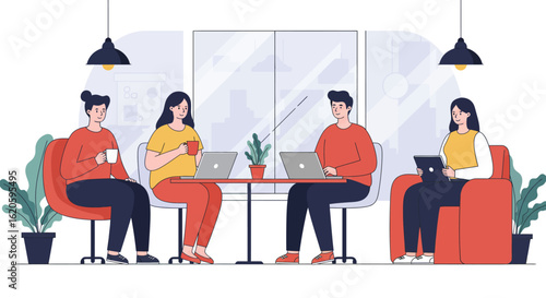 Four People Working Together in Modern Office Setting.