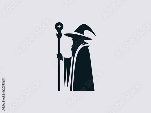 mystical wizard with pointed hat vector logo for magic shops or fantasy books