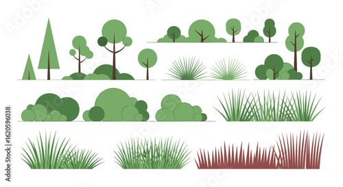Collection of pixel art trees bushes and grass elements for digital design and game development