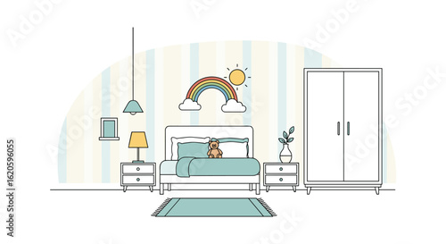 A peaceful bedroom scene featuring a person sleeping soundly in bed under a colorful rainbow and sun decoration.