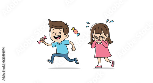 Young boy chasing girl with sweets exciting joyful playful childhood innocence fun delightful sweet treat sharing happiness