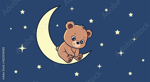 Cute teddy bear sitting on a crescent moon under a starry night sky looking peaceful and dreamy