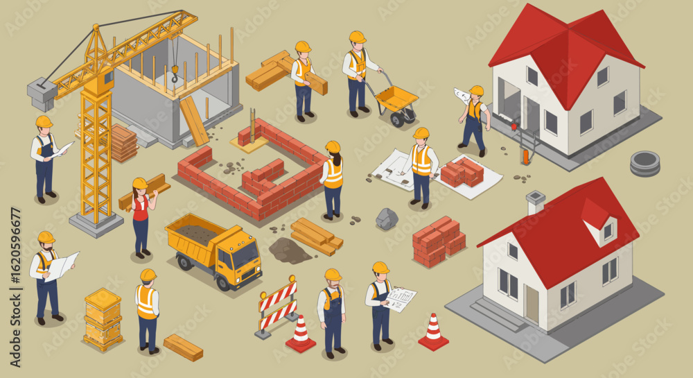 Obraz premium Home Construction Isometric Concept – Team of Builders and Engineers at Work
