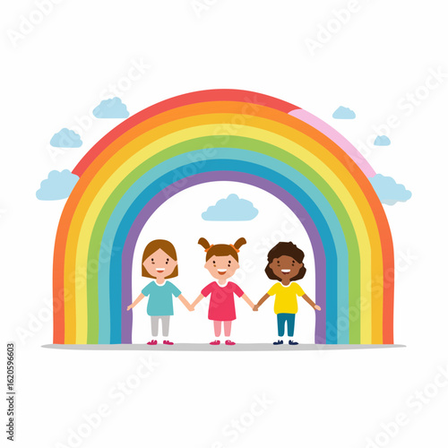 Kinderschutz-Logo mit Kindern unterschiedlicher Ethnien unter Regenbogen – einfache Vektorillustration