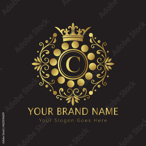 Letter Luxury brand logo design with a royal gold crown emblem and elegant typography	
