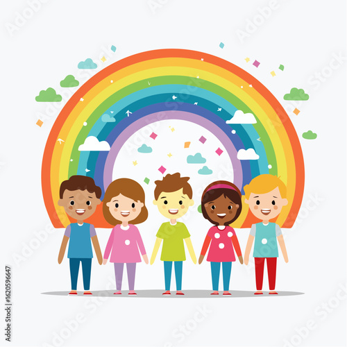 Kinderschutz-Logo mit Kindern unterschiedlicher Ethnien unter Regenbogen – einfache Vektorillustration