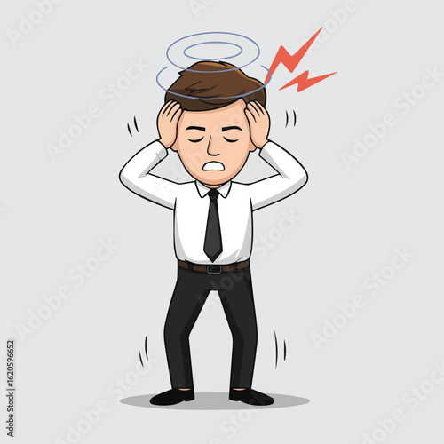 Cartoon man in suit with head in hands experiencing dizziness and lightning bolts near his head and motion