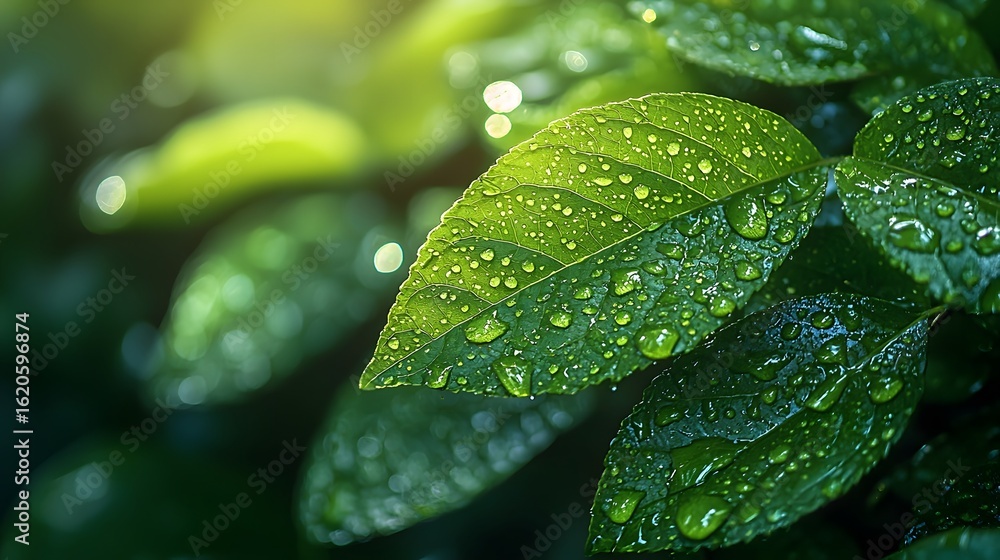Obraz premium Dewy green leaves with cascading raindrops