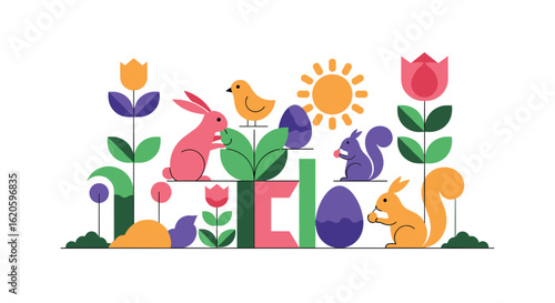 Happy easter celebration with cute animals and spring flowers joyful holiday greetings