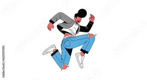 Energetic young man in stylish ripped jeans and jacket joyfully dancing and jumping high in the air with outstretched arms and legs in a dynamic pose