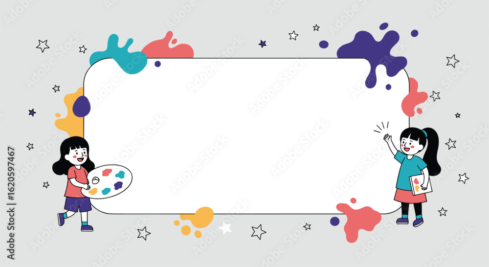 Fototapeta premium Creative kids painting and drawing fun with colorful art supplies and splatter designs border