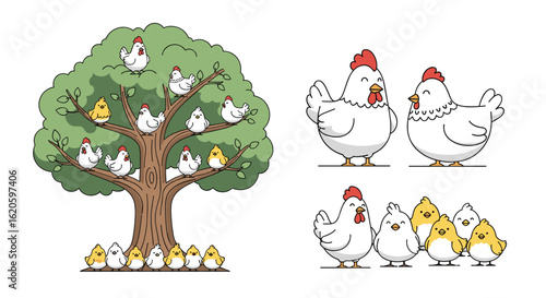 A charming family tree displaying chickens and their young nestled within a lush green tree illustration with additional poultry groups on the side