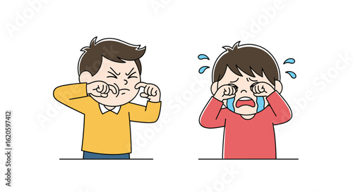 Two boys expressing sadness and frustration with tears and grimaces on white background