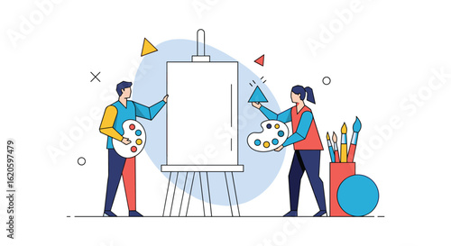 Two artists collaborate to paint a large canvas creating a masterpiece together showcasing their creative talents