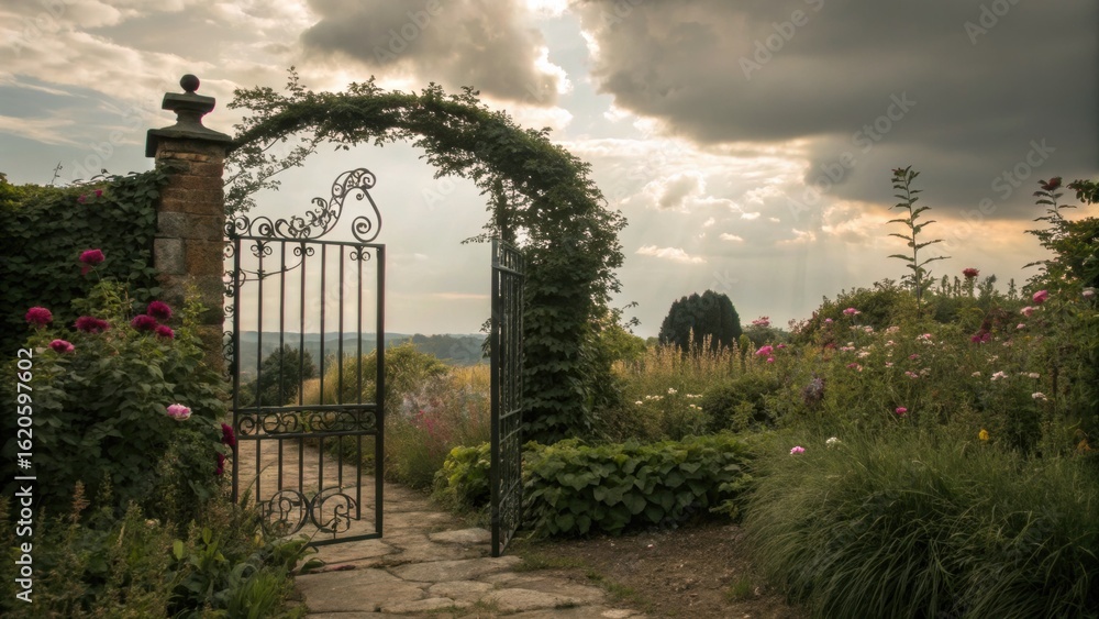 Obraz premium Step into a magical garden through the iron gate and discover a secret world of vibrant flowers