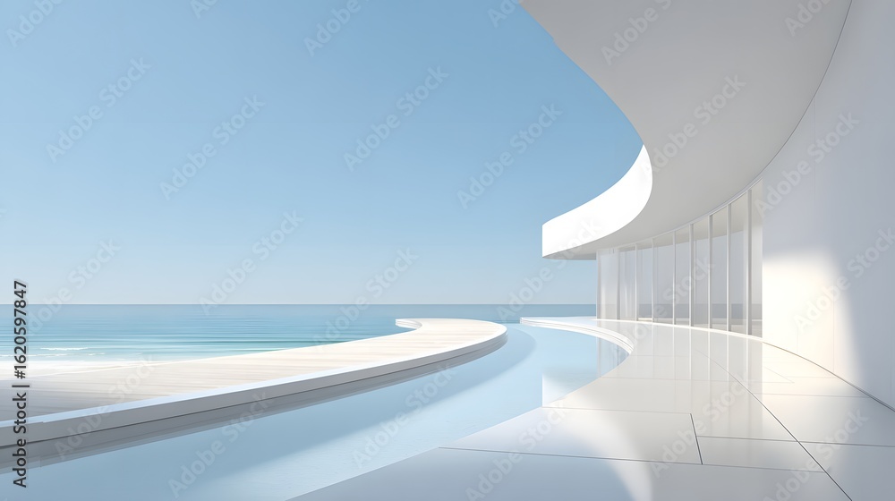 Obraz premium A modern architectural structure with a coastal view.