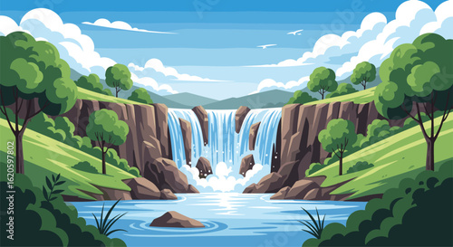 Serene pixel art waterfall scene embracing lush greenery under a bright blue sky with fluffy white clouds