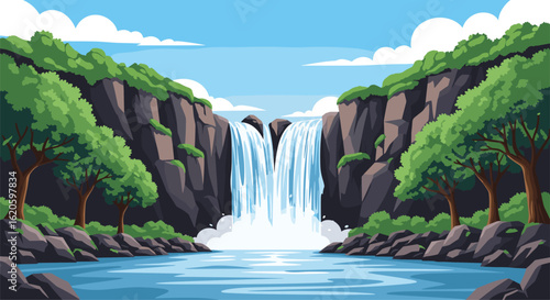 Majestic waterfall cascades down rugged cliffs surrounded by lush green forests under a bright blue sky with fluffy clouds