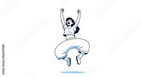 Joyful person in midair celebrating an exciting moment with arms raised high