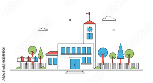 Modern architectural building with trees and festive decorations under a clear sky