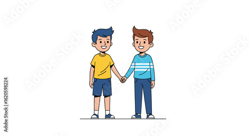 Two young boys holding hands and smiling a symbol of friendship and childhood innocence together in a bright and cheerful setting with a white background showcasing their bond and connection