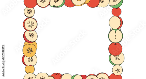 A decorative border made entirely of apple slices featuring red yellow and green varieties creating a festive autumnal theme suitable for various designs and projects